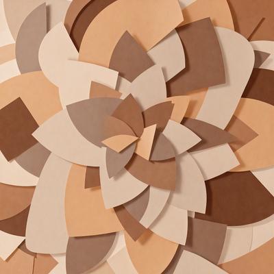 The primary subject of the image is a large, intricate paper flower made from various colored paper. The flower is the main focus of the image, and it is displayed against a backdrop of brown paper. The visual style of the image is a combination of photo and digital art, as it appears to be a close-up of the paper flower. The colors and mood of the image are warm and inviting, with the brown paper adding a natural and earthy tone to the scene.